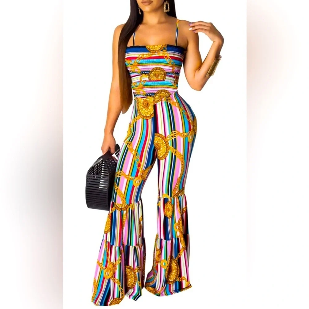Blue & Gold Striped Print Crop Top w/Shoulder Straps & Wide Leg Jumpsuit, EUC